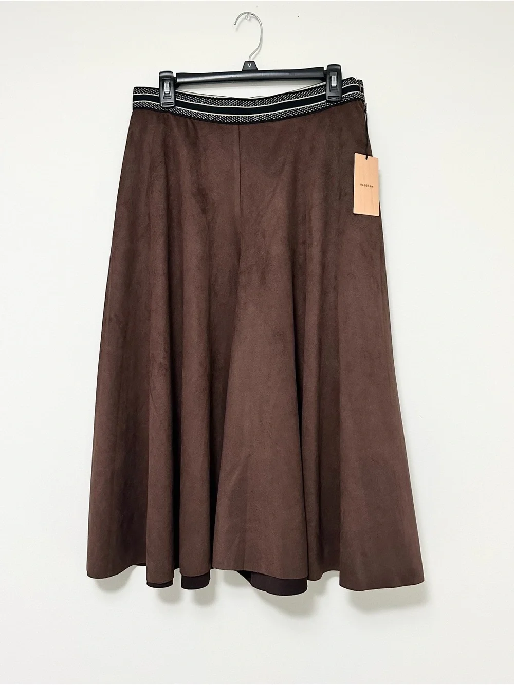 NEW Halogen Chocolate Brown A-Line Midi Skirt with Contrast Waistband Women's LG